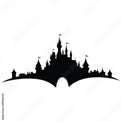 Black silhouette of a fairytale castle with flags white