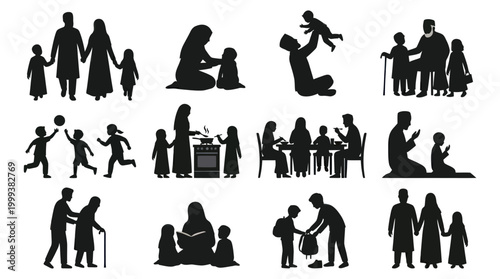 Islamic Family Silhouettes: Parents, Children, Prayer, Daily Life