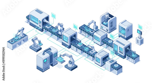 Isometric illustration showcases a modern factory assembly line for industry 4.0, with robotic arms and automated processes handling components, set against a clean white background