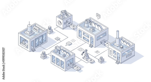 Isometric blueprint illustration of a factory layout showcasing automated machinery and conveyor belts, rendered with line art on a white background, emphasizing a clean and modern design