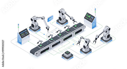 Isometric illustration depicting a modern automated factory assembly line with robotic arms precisely working on products, set against a clean white background and demonstrating