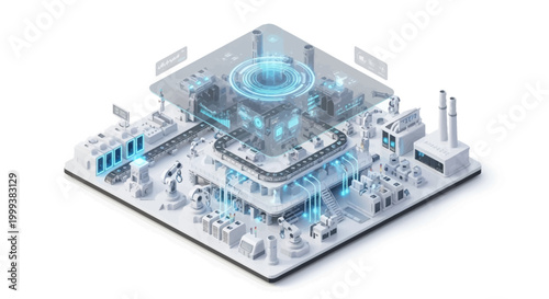 Isometric view of a futuristic industrial complex representing Industry 4.0, showcasing complex interconnected systems with glowing blue digital elements, set against a clean white