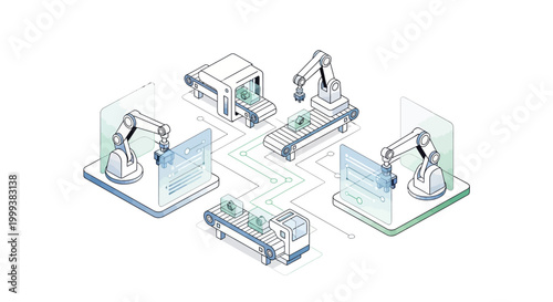 Isometric illustration depicting a modern industry 4.0 factory automation process, showing robotic arms and conveyor belts assembling products against a clean white background