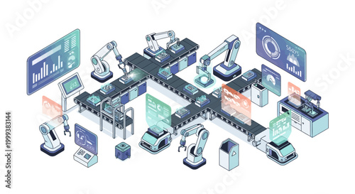 Overhead isometric illustration featuring an automated assembly line with robotic arms and digital interfaces, conveying a sense of modern technology and efficiency in a bright, clean