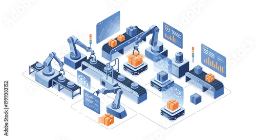 Isometric illustration depicts robotic arms and conveyor belts handling product boxes in a factory setting, showcasing industry 4.0 with automated processes and digital screens
