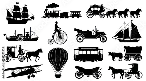 Silhouette Collection of Vintage Transportation Vehicles and Aircraft