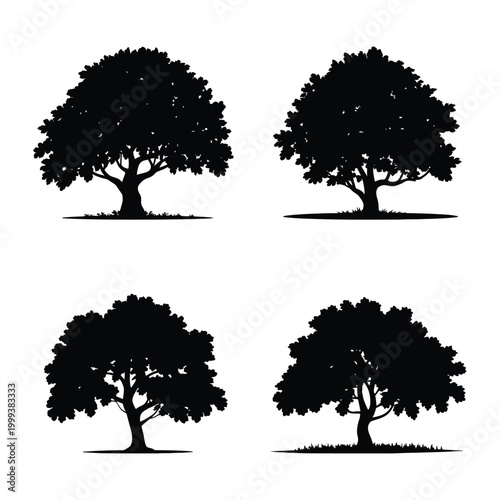 Four black tree silhouettes on white background nature