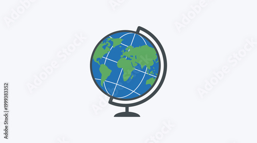 A colorful illustration of a globe on a stand shows the world map.