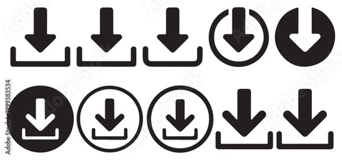Solid black download arrow icons collection for web software and file storage interface. vector illustration eps 10