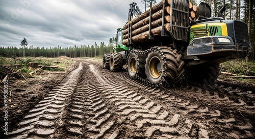Large Green and Yellow Logging Truck Carrying Logs on Muddy Forest Road