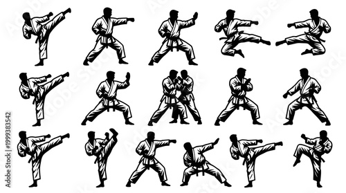 Black and White Karate Fighter Icons - Martial Arts Sport Vector Art