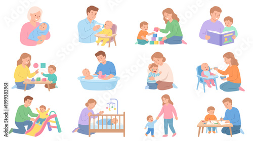 Flat Style Illustration of Parents Caring for Babies and Toddlers