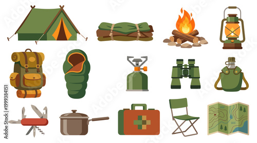 Outdoor Adventure Camping Equipment Gear Flat Vector Icons Set
