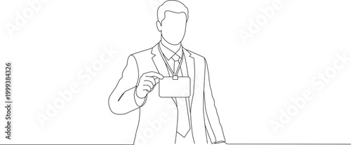 Man in suit holding ID badge continuous single line drawing. Simple outline editable stroke. Minimal line width vector illustration