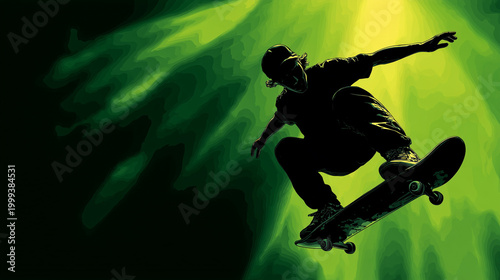 Skateboarder performing aerial tricks in vibrant green light  