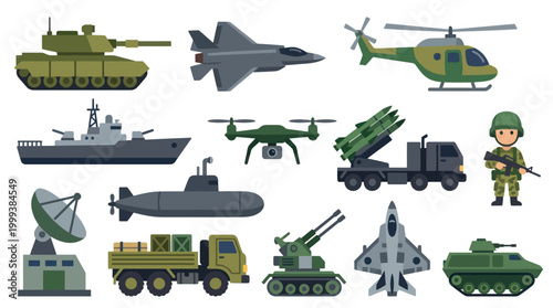 Military Vehicles and Equipment Flat Vector Icons Set