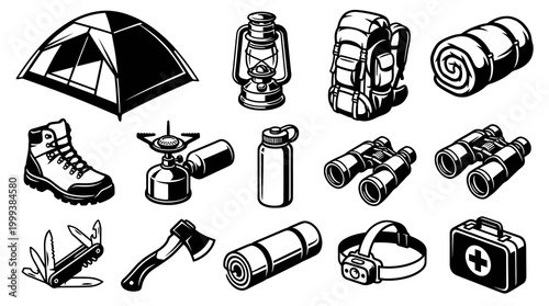 Vintage Camping and Hiking Outdoor Gear Black and White Line Art Icons Set