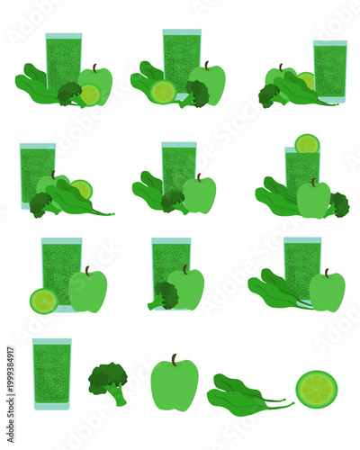 Vector flat illustration set of green healthy smoothies and fresh ingredients