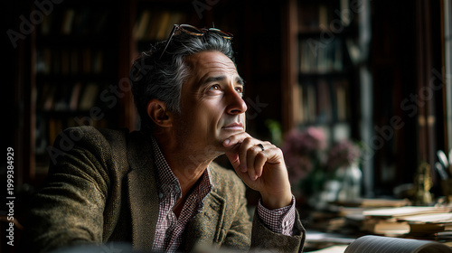 Thoughtful man pondering while sitting in a library with books  