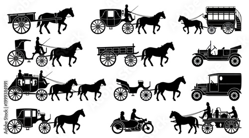 Vintage horse drawn carriages and early automobiles retro vehicle icons