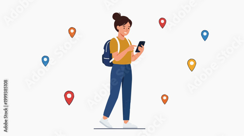 A young woman, navigating the world with the aid of technology, surrounded by location markers and the promise of discovery. Capturing the spirit of exploration and digital connection.