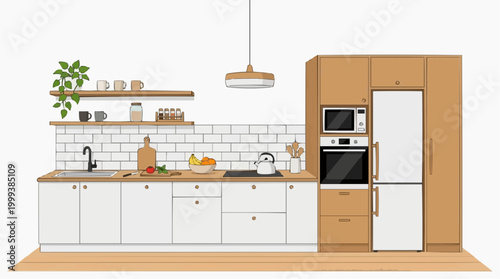 A minimalist kitchen interior showcases contemporary design, blending functionality with aesthetic appeal, perfect for culinary endeavors and elegant living.