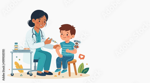 A caring doctor administers a vaccine to a young child, symbolizing health, wellness, and medical care in a clean and safe environment.