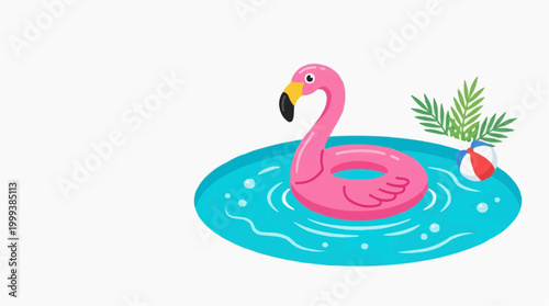 An inviting pool scene unfolds, with a vibrant pink flamingo float, palm fronds, and a colorful beach ball, exuding the essence of summer fun and relaxation.