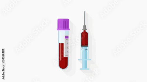 A medical scene featuring a test tube and syringe, both containing blood. conveying scientific precision and medical progress.
