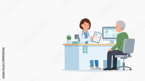 A caring consultation takes place between a doctor and a patient in a medical office, with focus on health record.