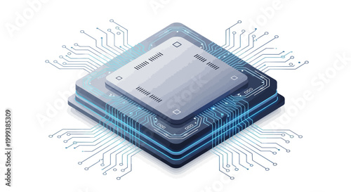 Isometric illustration of a central processing unit chip with interconnected pathways, rendered in a clean, minimalist style against a bright white background, creating a futuristic