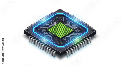 Isometric view of a microchip with a green square center and illuminated blue border displayed against a stark white background, creating a futuristic and technologically advanced