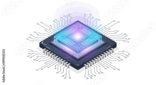 Isometric illustration of a glowing computer chip with intricate circuit pathways, set against a clean white background to highlight its technological design and convey a sense of advanced