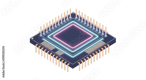 Isometric view of a central processing unit with a glowing neon-style square design, rendered on a clean white backdrop, emphasizing the technology's core in a modern and minimalist fashion