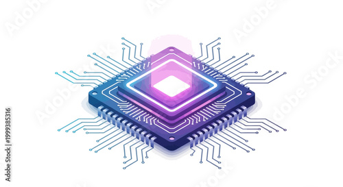 Isometric illustration of a central processing unit with glowing purple light emanating from its core, set against a clean white background in a graphic style that conveys advanced
