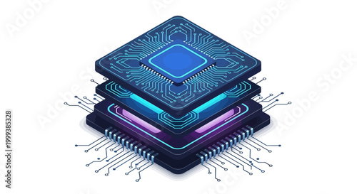 Isometric illustration of a blue and purple computer chip with intricate circuit patterns, rendered with a clean, digital style against a stark white background, conveying a sense