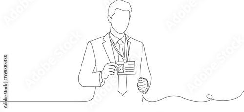 Businessman holding identification badge. Minimalist continuous line drawing. Simple outline editable stroke vector illustration