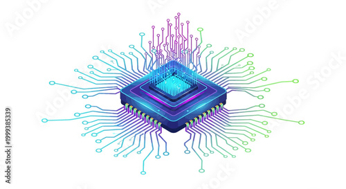 Isometric illustration of a glowing blue and purple microchip, surrounded by intricate circuit pathways on a clean white backdrop, rendered with a modern digital style