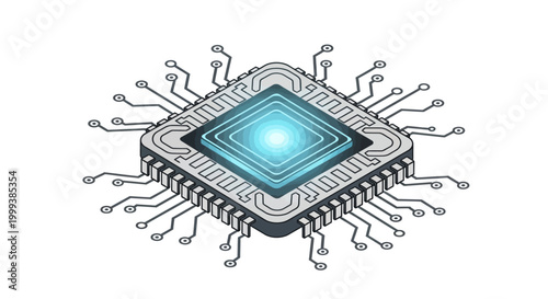 Isometric illustration of a glowing processor with intricate circuit patterns against a white background, rendered in a clean, vector style, evoking a futuristic and technological mood