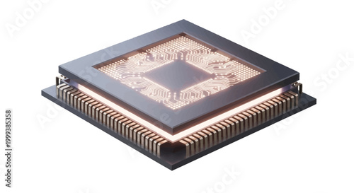 A close-up, isometric view of a microchip with gold pins and a square core, radiating a bright glow against a seamless white backdrop, creating a modern and technological presentation