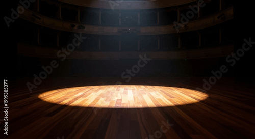 A single bright spotlight illuminates a circular wooden stage in a dark, empty theater or performance hall, creating a dramatic and focused atmosphere.
