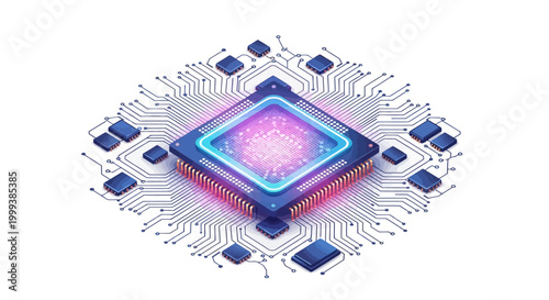 Isometric illustration of a square, multi-layered central processing unit with blue and pink neon highlights resting on a complex circuit board against a clean white background