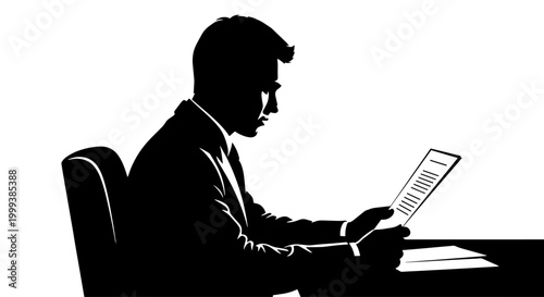 Silhouette of a businessman in a suit reading a document at a desk.