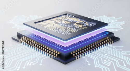 Detailed, layered close-up shows a microchip component hovering above a circuit board, rendered with diffused lighting and cool blue tones against a bright background, illustrating advanced