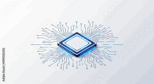 Isometric view of a glowing blue microchip surrounded by circuit patterns in a clean, minimalist white background, rendered with a focus on technological precision and a modern, futuristic