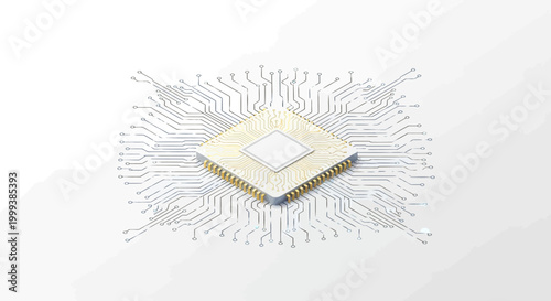 Macro shot of a central processing unit chip with intricate circuit patterns radiating outward on a clean, white gradient background, creating a modern, technological feel with cool