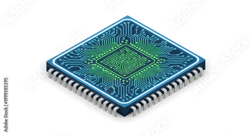 Isometric view of a blue and green computer chip with intricate circuit patterns displayed in a clean, minimalist style, set against a stark white background, conveying a sense of modern