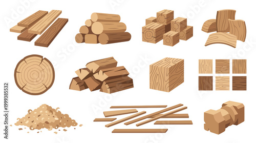 Wood Materials Stacked Various Forms Lumber Sawdust Cut Slices