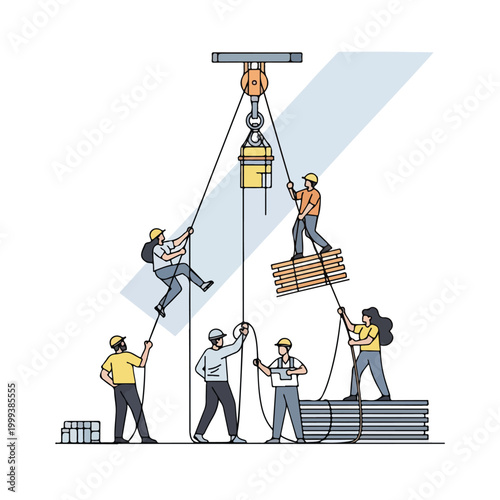 Construction workers collaborate using a crane and ropes to lift heavy materials on a building site