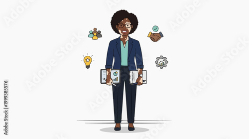 A confident woman standing with modern illustration with business elements. An emblem of efficiency and visionary leadership.